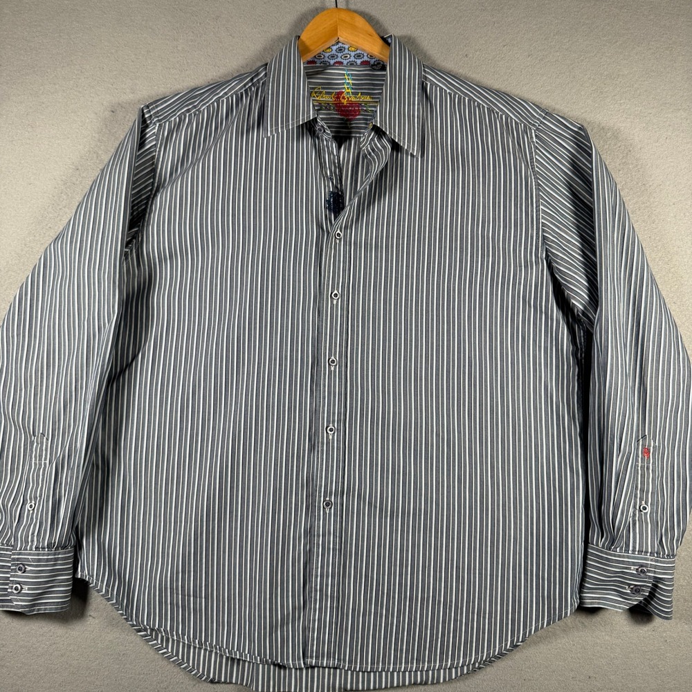 Robert Graham Mens 2XL Blue White Striped Cotton Long Sleeve Button Down Shirt